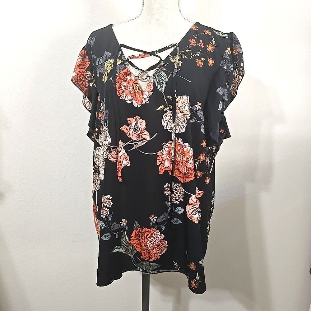 Jeuvre Black Floral Ruffle Cap Sleeve Blouse Top Plus Size 3XL Lace-Up Neckline